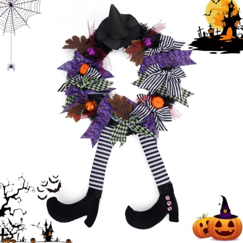 YUET Halloween Wreath Sign Front Door Witch,16inch/40cm Witch Door Wreath Halloween Decorations with Witch Hat Legs Hanging Lanyard For Party Decorations Indoor Outdoor