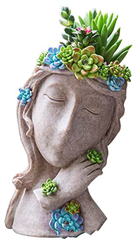 AJEYPMZ Intelligenter lichtempfindlicher Solar-Blumentopf aus Kunstharz im Freien, wasserdichte und sonnenbeständige grüne saftige Vasendekoration, Retro-Charakter-Kopfgarten-Ornamente,style4,Size