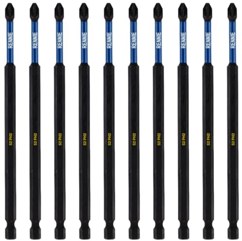 10 x Rennie Tools 150mm Long PH2 Impact Screwdriver Driver Bits Set | Magnetic Phillips No.2 Heavy Duty Impact Driver Bit Set. Extra Long PH2 Bits. Hex Shank. Cross Head. Black Oxide Coating