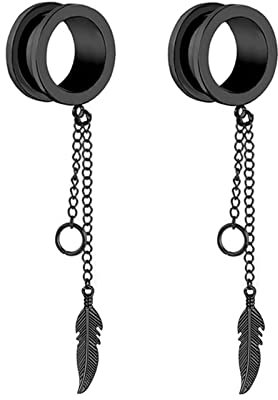 Mesnt 1 Paar Tunnel 16mm mit Anhänger, Edelstahl Rund mit Kette und Blattanhänger Schmuck Ear Ohr Plugs Gauge, Schwarz