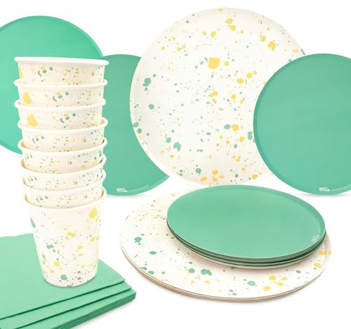 PARTY PARTY 68-teiliges Party-Set Sprinkles Grün, Terrazzo, für 16 Gäste (Pappbecher, Pappteller, Dessertteller, Servietten), Geburtstag, Veranstaltung, Grillen