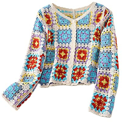 Femmes Y2k Pull au Crochet Fleurs évidées Crop Top Crochet Vintage Coloré Cardigan d'été Boho Gilet tricoté Creux Plage Maillot de Bain Manches Longues Décolleté en V Cardigan avec Patte de Bouton