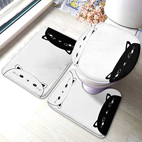 Set 3 Teilig Badvorleger Weiß Und Katze Schwarz Entzückender Tierkopf Niedliches Lustiges Kätzchen Rosa Wangen rutschfeste Fußmatte Set Weiche Badgarnitur Badematten, Für Badewanne