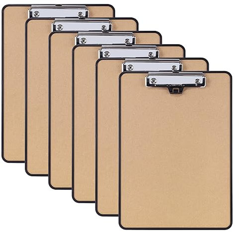 Hotyin Klemmbrett A4, 6er Klemmbretter, Schreibbrett aus Holz mit Stifthalter, Zwischenablage Schreibblockaus aus Hartfaserplatte, Clipboard mit Metalklemme und Aufhängeose