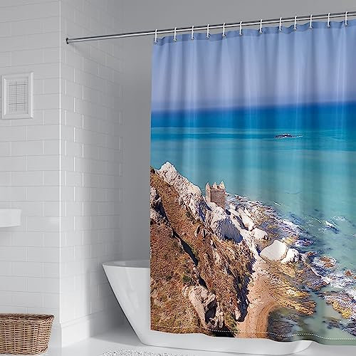 Whoiy Duschvorhang Textil Blau, Duschvorhang Eckbadewanne 150X200cm Polyester Badegardinen Küsten für Badezimmer