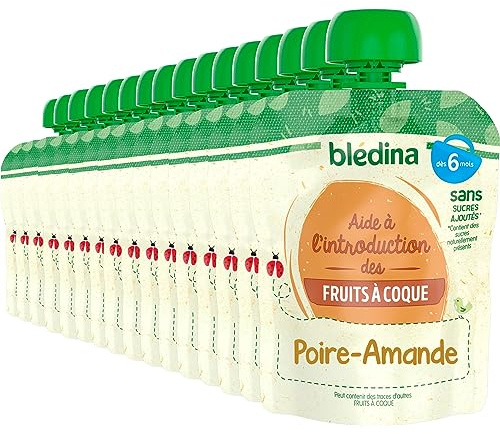 Blédina - Gourdes de Purées de Fruits et Amande - 16 gourdes Poire Amande - Pour bébé dès 6 Mois - Lot de 16 gourdes de 85g