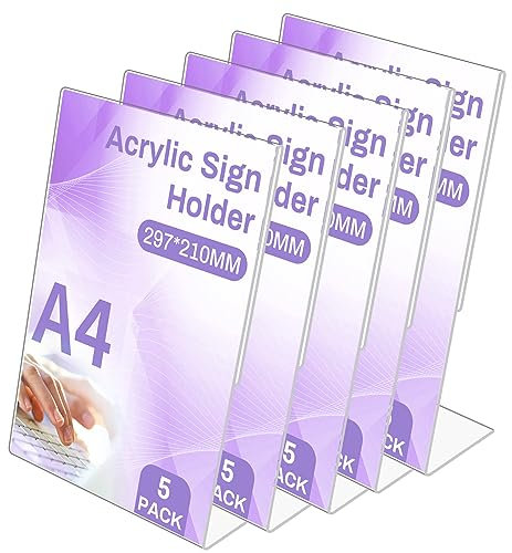 Sagreeny 5 Pezzi Acrilico Espositore A4, Espositore in Plexiglass A4 Espositore da Tavolo Inclinato a Forma di L, Porta Menu in Acrilico Trasparente, per Ristoranti Banco da Tavolo Ufficio Negozio