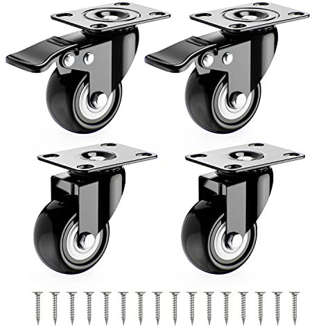 4 Roulettes Pivotantes Pour Meubles dont 2 avec Frein + Vis - 38mm Jusqu'à 140KG - Roulette Sans Traces au Sol pour Charge Lourde - Roue en Caoutchouc pour Chariot - Noires