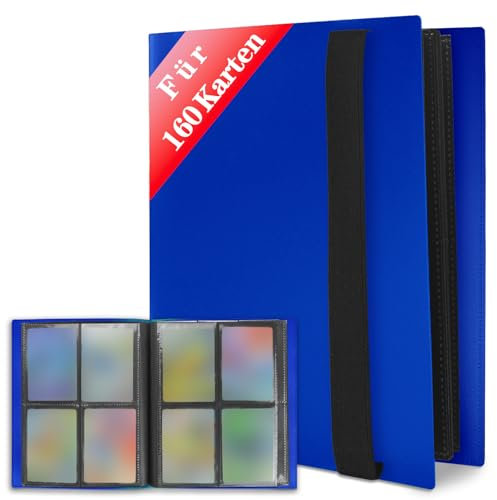 JUSONEY Sammelkarten Album - 160 Pockets Sammelalbum 20 Seiten Pro 4 Pocket mit Wasserdichte Blau Buchdeckel Perfekt zum Sammeln von Karten für MTG Magic,für Match Atta（Blau）