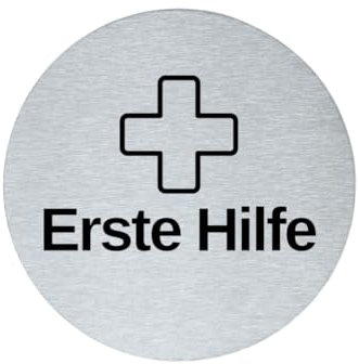 stahl-design-tebart Hinweisschild Piktogramm rund 7,5 cm Edelstahl selbstklebend 3M Klebefläche graviert Edeloptik elegante Beschilderung langlebig ERSTE HILFE- 7,5x7,5x0,1cm
