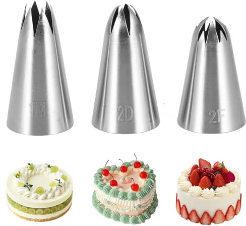 3PCS 1M 2D 2F Cake Piping Tips, Stainless Steel Cake Piping Nozzles Decorating Tips,Seamless Piping Icing Tips Piping Nozzle Tips Set for Cake Cupcake Cookie Decorating DIY Baking Buttercream DIY Art