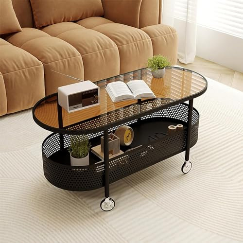 SHAIRMB Couchtisch Aus Glas, Platte Aus GehäRtetem Glas Mitteltisch Mit Metallrahmen Und Offenem Ablagefach, Ovaler Cocktailtisch, Mit Rollen, Moderner Akzent-Teetisch,B,90 * 50 * 45cm