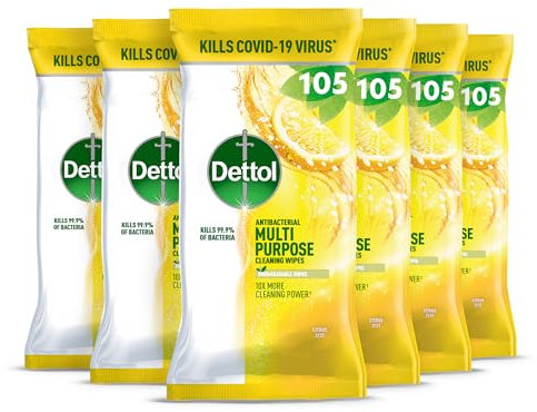 Dettol Antibacterial Multipurpose Cleaning Wipes, Citrus Zest Scent, 6 Pack of 105, Total 630, Germ Protection, Surface Cleaner, Fresh Fragrance, Household Essential