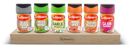 Schwartz Wooden Spice Rack | Modern Beech Wood Design | Space-Saving Kitchen Organiser with 6 Herbs and Spices Jars | Convenient for Countertop or Cupboard Storage