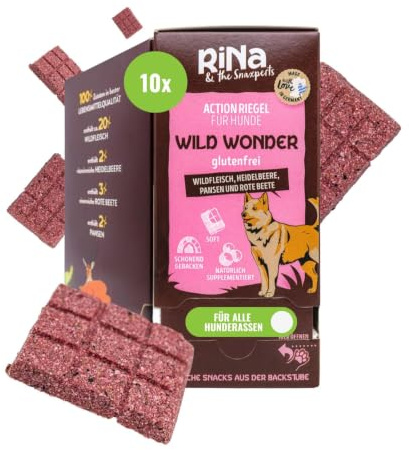 Wildfleisch Premium Hundeleckerli gesund Riegelbox 10 Riegel Wild Wonder mit Krillmehl, Roter Beete & Blaubeeren - Glutenfrei & proteinreich - Soft, leicht portionierbare Hundesnacks von RiNa | Rund 20 % Wildfleisch, Krillmehl für die Gelenke, Rote Beete und Blaubeere mit Antioxidantien, proteinreich, glutenfrei