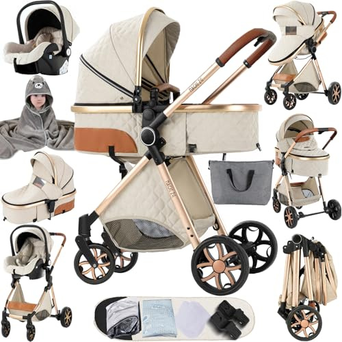 Sianldcone Kinderwagen 3 in 1, Hochwertige Stoffe Kinderwagen Set, Zwei-Wege-Schiebefunktion Reisesysteme, Offene Sicht Kombikinderwagen 3 in 1 Komplettset (V9 CreamyWhite)