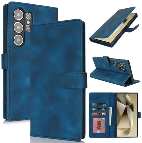 Zouzt Hülle für Samsung Galaxy S24 Ultra, Stoßfestes PU Leder Handyhülle Lederhülle Klapphülle mit Kartenhalter und Standfunktion Flip Leather Wallet Phone Cover (Vintage Blau)