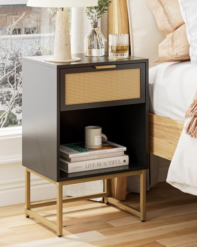 HEYZOEY Nachttisch Schwarz im Rattan-Stil, Schublade & Fach, 40×30×60 cm | Großes offenes Fach und leichtgängige Schublade – moderner Beistelltisch für Schlafzimmer, Wohnzimmer oder Büro