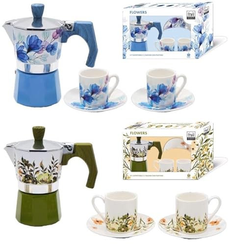 MA MAISON Set Caffettiera + 2 Tazzine per Caffè Porcellana e Alluminio Caffettiera Moderna a Fantasia Set Regalo Idea Regalo Pausa Relax