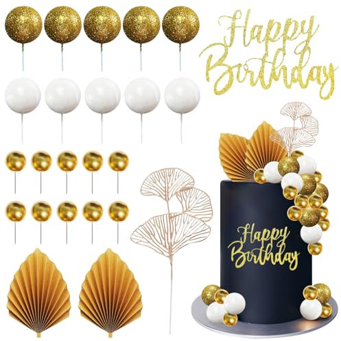 24 Piezas Decoracion Tartas Cumpleaños, Decoracion Pastel Bolas Adorno Tarta Bodas Oro Happy Birthday Cake Topper para Fiestas, DIY