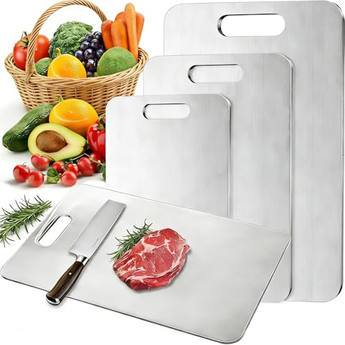 TJYAEKLTD Schneidebrett Edelstahl, 3 Stück Titan Schneidebrett Leicht & Kompakt für Camping, 304 Stainless Steel für Küche und beim Picknick