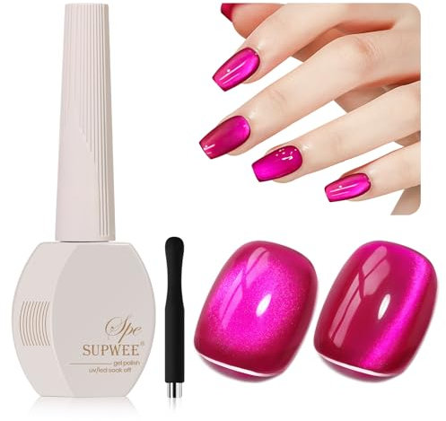 SUPWEE Cat Eye Gel Nail Polish, 15ml Hot Pink Glitter Nail Polish with Magnet Holographic Cat Magnetic Gel for DIY Home Salon Manicure UV LED Lamp Required