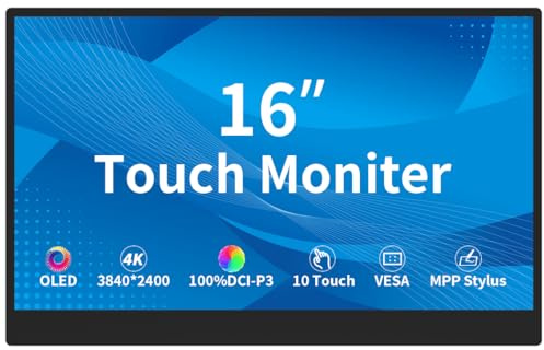 Magedok Touch Monitor 14 Zoll 4K,3840 * 2160,10 Point Kapazitiver Touchscreen,HDMI/USB C/Mini DP Schnittstelle,Integrierte Lautsprecher,VESA,Kommerzieller Bildschirm (3840 x 2400, 16 Zoll OLED)