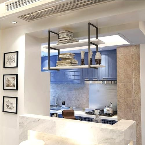 Portabottiglie sospeso - Mensole sospese a soffitto, Portabicchieri da vino sospeso a soffitto, Portapiante in legno massello di ferro battuto, Ripiani portaoggetti da cucina al 2° piano, Espositore