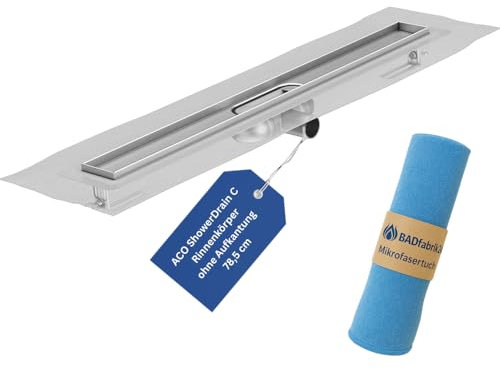 BADfabrik24 ACO ShowerDrain C Rinnenkörper 78,5 cm – Duschrinne ohne Aufkantung, Einbauhöhe 5,7–12,8 cm, Edelstahl – für bodenebene geflieste Duschen, inkl. Mikrofasertuch für saubere Montage