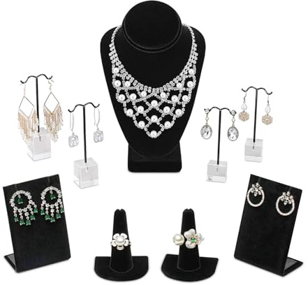 MOOCA 9 Pcs Jewelry Display Set, Necklace Display Bust, Earring Organizer, Ring Holder Stand for Showcase and Store, Black Velvet