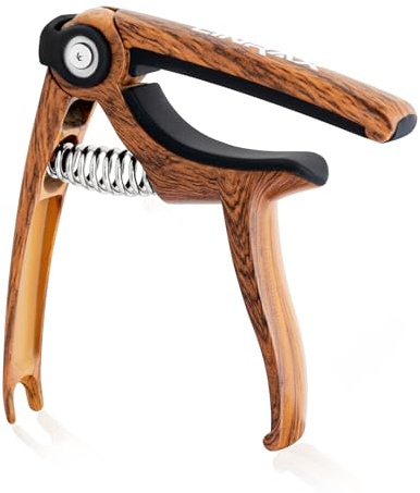 Linrax C4 Kapodaster, 4-in-1 Gitarre Capo mit Plektren Halter Steg Pin Abzieher Saitenschneider, Universal Kapo für Akustikgitarre E-Gitarre, Bass Ukulele Banjo Mandoline, Capodaster, Holzmaserung