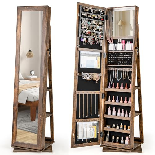 COSTWAY 360° drehbarer Schmuckschrank, Schmuckorganisator mit Ganzkörperspiegel, Rückregalen, Schminkspiegel, 3 Acryl-boxen & 2 Reißverschlusstaschen, Spiegelschrank freistehend (Braun)