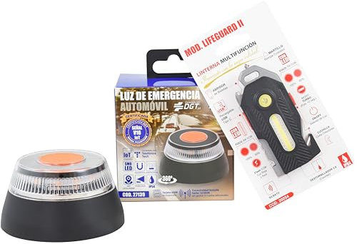 Hepoluz Luz de Emergencia V16 DGT geolocalizada Homologada + Linterna Recargable con Sirena de Emergencia