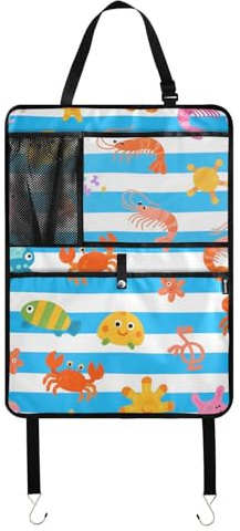 Protector organizador de asiento trasero de coche con diseño de animales marinos, color azul y blanco, con tablet, para organizar el coche para asiento de niños