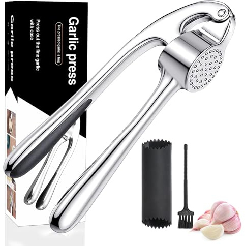 Presse-ail Inox de Cuisine Professionnelle, Ecrase Ail, Broyeur D'ail, Hachoir à Ail Convivial, Facile à Nettoyer et Durable, Argenté