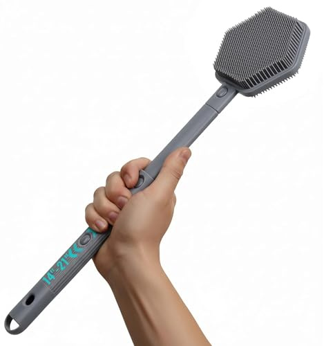 AIMAIAIMAI Silicone Back Scrubber for Shower – 21in Extendable Shower Brush with Long Handle – Dual-Sided Back Brush with Non-Slip Grip, Gentle Cleansing & Exfoliation for Men, Women, Elderly (Gray)
