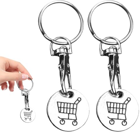 2 Pack Shopping Trolley Token, UK Pound Coin Trolley Token Keyrings, Reusable Supermarket Cart and Locker Coins, Metal Trolleys Coin With Keyring Set for Gym Lockers and Shopping Trolleys (Sliver)
