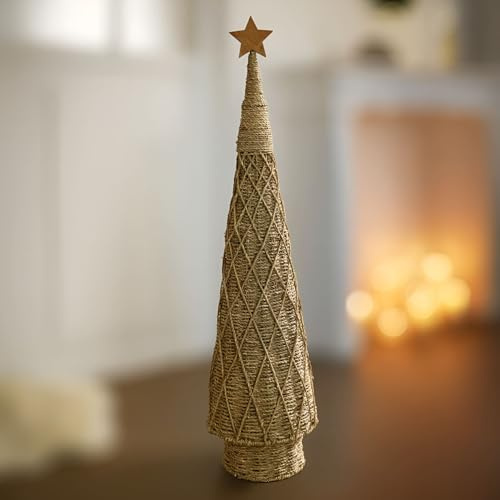 Dekoleidenschaft Tanne Flechtkunst 97 cm hoch, künstlicher Weihnachtsbaum aus Seegras, Tannenbaum Alternative mit Holz-Stern, Kunstbaum Weihnachten
