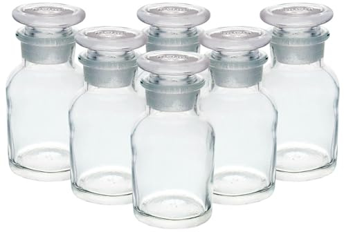 UNIQUE HOME LIVING UHL Apothecary Jar Set of 6 Reagent Bottles, 60ml Clear Glass Storage Jars with Lid, Vintage Reusable Container Refillable Bottles for Essential Oils, Bath Salts, Lotion, Perfume