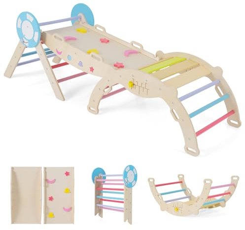 HOMASIS 7 en 1 Set d'escalade pour Enfants, Salle de Sport Montessorienne avec Rampe Double Face, Arc, Triangle et Blocs, Aire de Jeux Intérieure pour Enfants de 1+ Ans (190 x 55 x 57 cm,Coloré)