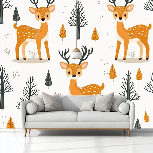 Carta da Parati Fotomurale XXL 250 x 175 cm, Poster Murale 3D in Tessuto Non Tessuto per TV Corridoio e Soggiorno, Decorazione Interni di Grande Bianco Cartone Animato Cervo Sika Alberi Prateria