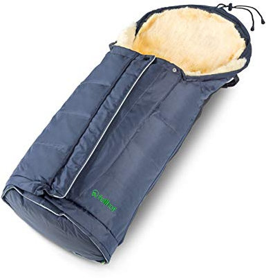 Fellhof 108701 Lammfell Fußsack Sölden, größenverstellbar, bei 30 °C waschbar, OEKO-TEX® Standard 100 zertifiziert, mit patentiertem Magnetverschluss, Rückenteil abzippbar, 40/45x82/94cm (marine)