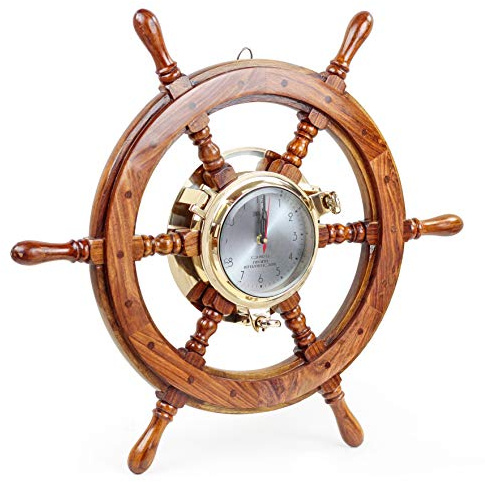 Nagina International Premium Porthole Clock Ship Wheel With Solid Teak Finish - Captain Maritime Beach Home Decor Gift (16 Inches)