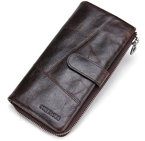 Contacts Portafoglio in vera pelle,Mens segretario lungo Cltch,Portafoglio con cerniera con 12 slot per carte di credito, Marrone scuro, Taglia unica, Vintage