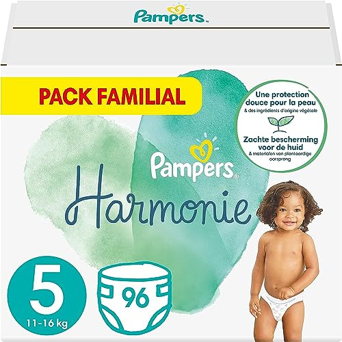 Pampers Couches Taille 5 (11-16 kg), Harmonie, 96 Couches Bébé (Lot de 4 x 24), 0% de compromis, 100% d'absorption, Ingrédients d'origine végétale, Hypoallergéniques