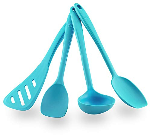 Kochblume Küchenhelfer-Set - Design-Schlitzwender L & Soßenlöffel L & Schöpfkelle L & Flexlöffel L 4er Set | Premium-Silikon | Hitzbeständig | Spülmaschinenfest | Farbe: türkis