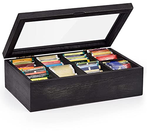 Alsonerbay Tea Box Organiser, Wooden Kitchen Tea Bag Storage Box for Organizing Spice Pouches and Sugar Packets with 8 Compartments and Clear Glass Cover Weathered Black