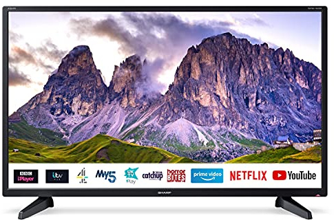 SHARP 1T-C32BC2KO1FB 32 Inch Smart TV, HD Ready LED Display with Harman/Kardon Speakers, Dolby Digital Audio Decoder, 3 x HDMI, 2 x USB, Freeview Play and Wireless Streaming - Black, Energy Class F