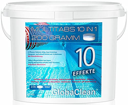 GlobaClean Chlor Multitabs 10 in 1 - Zwei Phasen Chlortabletten für Pool mit 10 Funktionen - Desinfektion von Poolwasser und Filter - 200g Tabletten im 5kg Eimer