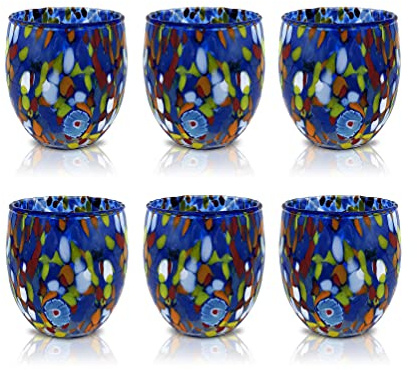 MAZZEGA ART & DESIGN - 6 Verres à Eau Goto, Soufflé et Fait Main avec Murrine de Murano Raffinée et Originale - Les Couleurs de Murano - Modèle Classique 320 ml. Fabriqué en Italie